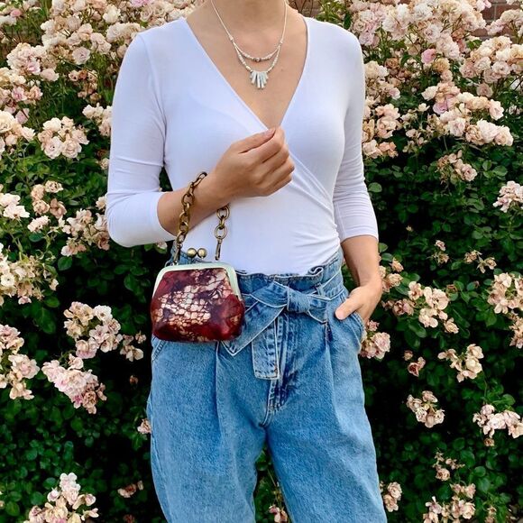 Handmade Genuine Leather Floral Printed, Metal Frame Large Purse/ Wristlet - Picture 3 of 15